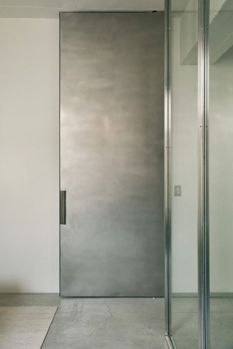 Ritz Ghougassian, Glass Partition Wall, Mr P, Glass Partition, Pivot Doors, Concrete Tiles, Dark Interiors, Stainless Steel Doors, Minimalism Interior