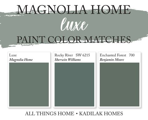 This dark sage green paint color is sure to bring some personality to any space in your home. We color matched this Fixer Upper paint color, Luxe by Magnolia Home, to Sherwin Williams and Benjamin Mooe paint colors on our BLOG! 1905 Magnolia Green, Magnolia Homes Green Paint Colors, Green Paint Magnolia Home, 1905 Green Paint Magnolia Exterior, Luxe By Magnolia, Magnolia Home Green Paint Colors, Magnolia Dark Green Paint Colors, Magnolia Luxe Paint Color, Magnolia Homes Luxe Paint