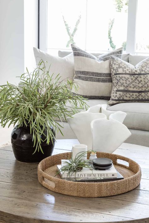 The Look: Windward P.2 - Mindy Gayer Design Co. Wooden Coffee Table Styling, Neutral Coffee Table Decor, Circular Coffee Table Decor, Rectangular Coffee Table Decor, Coffee Table Styling Rectangular, Coffee Table Tray Styling, Coffe Table Arrangment, Books Styling, Coffee Table Tray Decor