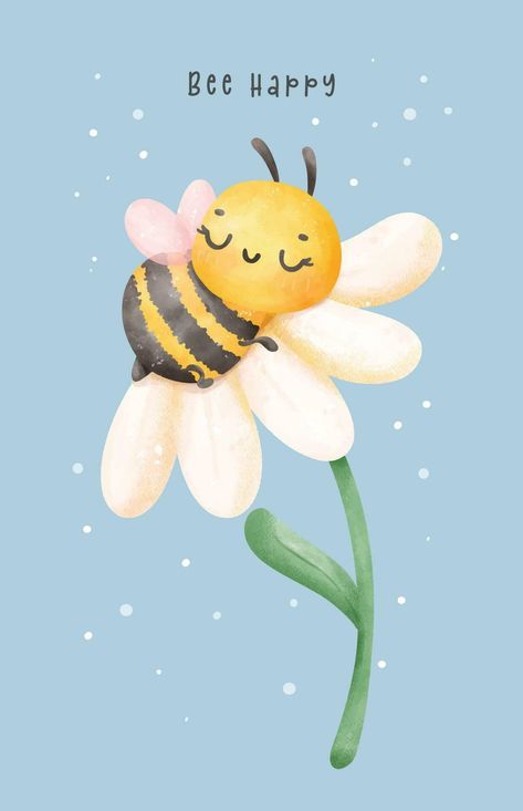 Cute baby honey bee sleeping in flower watercolor cartoon character hand painting illustration vector. Bee Happy Bee Flower Drawing, Cartoon Bees Cute, Bee Sleeping In Flower, Frases Cute, Bees For Kids, Bee Watercolor, Bee And Flower, Watercolor Cartoon, Bee Classroom