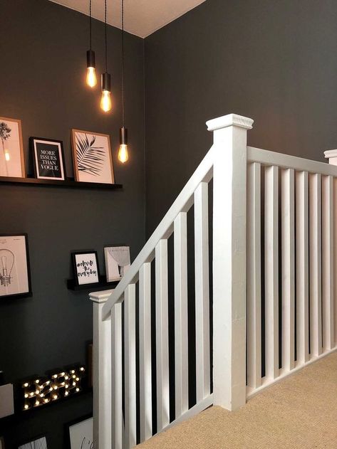 Grey Hallway Ideas Stairways, Stairway Wall Ideas, Dark Grey Hallway, Hallway Makeover Before And After, Grey Stairs, Grey Hallway Ideas, Modern Hallway Design, Stairs And Hallway Ideas, Grey Hallway