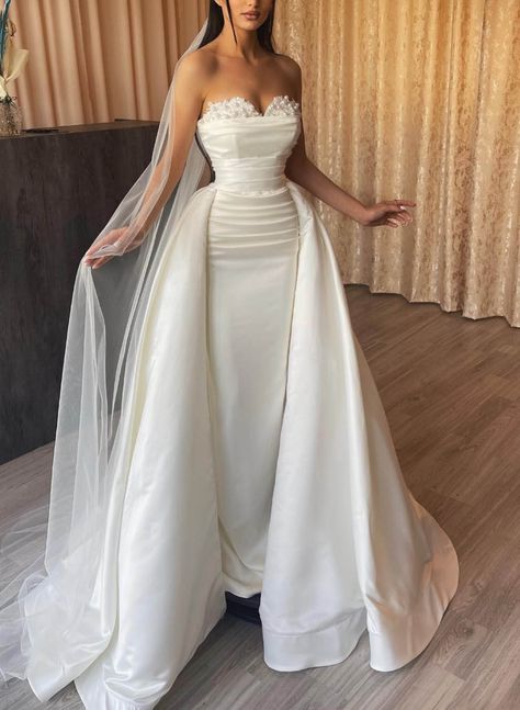 Sweetheart Detachable Train Lace Sleeves Wedding Dresses Satin Backless Wedding Dress, Dubai Wedding Dress, Wedding Dresses Mermaid Sweetheart, Wedding Evening Gown, Pearl Wedding Dress, White Lace Wedding Dress, Detachable Train, Gown Plus Size, Wedding Dress Train