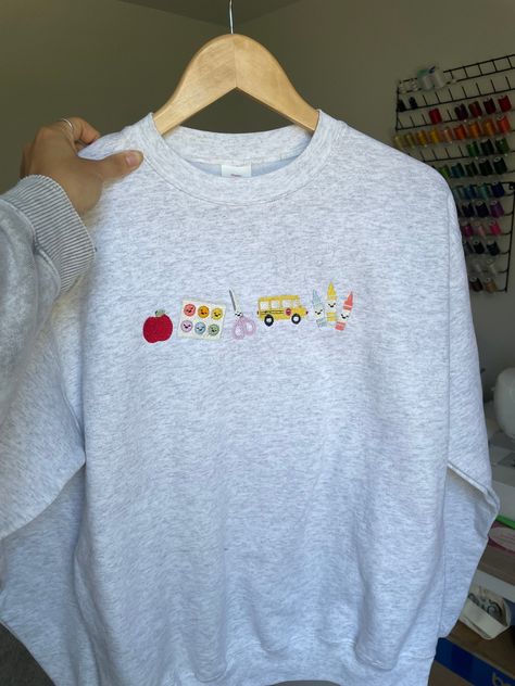 Embroidered Teacher Sweatshirt Back to School Teacher Sweatshirt for Teacher Gift, Classroom Apparel - Etsy Teacher Sweater Ideas, Outfits For Kindergarten Teachers, Diy Sweatshirt Iron On Patches, Early Childhood Teacher Outfits, 1st Grade Teacher Aesthetic, Teacher Shirt Outfit, Appropriate Teacher Outfits, Embroidered Teacher Gifts, Cute Kindergarten Teacher Outfits