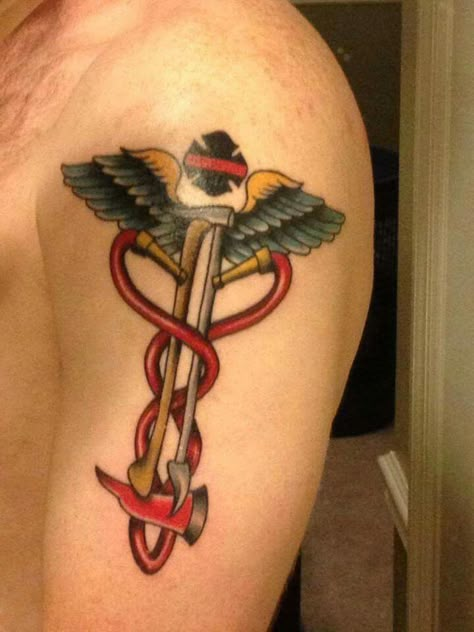 Irons and hose caduceus firefighter/EMT tattoo (shoulder) | Shared by LION Firefighter Irons Tattoo, Fire Hose Tattoo, Firefighter Emt Tattoo, Paramedic Tattoo Ideas, Fire Ems Tattoo, Ems Tattoo Ideas, First Responder Tattoo Ideas, Paramedic Tattoo, Fireman Tattoo