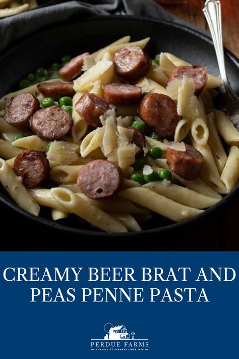 A quick and easy weeknight dinner, this pasta dish pairs some of our favorite flavors: the spicy goodness of bratwurst, hop bitterness and sweetness of amber ale and the rich and creamy decadence of Parmesan cheese. Peas lend a hint of color and also subtle crunch. This will quickly become a comfort food favorite. #pasta #pastarecipes #beerbrat #brats #veggies #comfortfood #recipes #recipe #easymeals #dinner #lunch #easydinnerrecipes #quickmeals Beer Bratwurst Recipes, Easy Penne Pasta Recipes, Bratwurst Dinner, Beer Brat, Cheese Peas, Creamy Sausage Pasta, Brats Recipes, Bratwurst Recipes, Penne Pasta Recipes