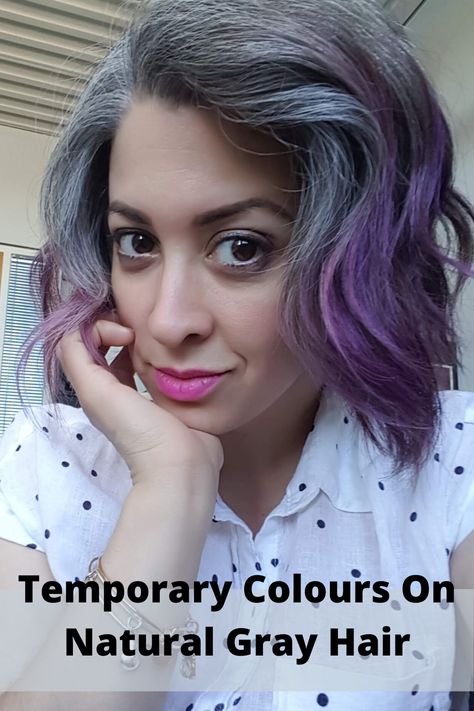 I began the journey to my natural hair colour in July 2018. I made the decision after being tired of colouring my hair for over 20 years. One thing I enjoyed doing with my hair throughout this transition was to colour my dyed ends with temporary colours. There was not much commitment since they would wash out within a few shampoos. #purplehair #semipermanentcolour #vibrant #age #aging #goinggrey #transition #beauty #beautiful #silverhair #tip #tips #hairstyle #hairstyles #naturalwavyhair #short Grey Hair With Fashion Colors, Natural Gray Hair With Purple, Fun Hair Color Ideas For Gray Hair, Grey With Purple Hair, Gray Hair With Colored Tips, Grey Hair With Colored Streaks, Temporary Color On Gray Hair, Gray Hair Purple Highlights, Purple And Gray Hair