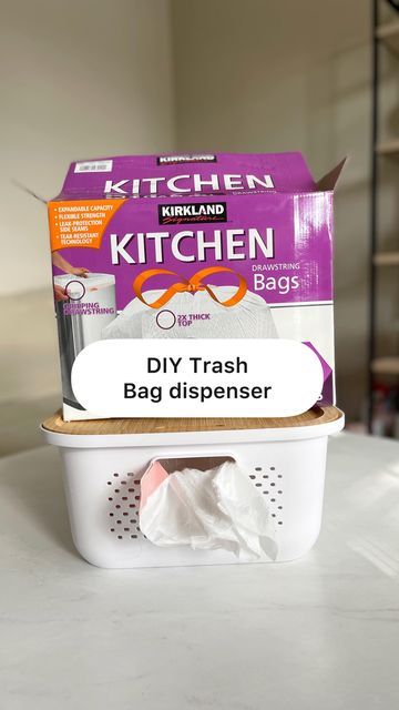 Costco Guide | Angela Ackerman on Instagram: "Easy DIY trash bag dispenser! I linked the bins I used in my bio. FYI The Costco size rolls fit the width perfectly, but the lid doesn’t fully sit flat until you use some of the bags, since the roll is so much fatter than a normal roll. It looks way better than the original cardboard box, so I’m happy with it, and will just start using the new roll so both fit perfect. . #costco #diyprojects #organized #kitchenhacks #targetstyle" Storage For Trash Bags, Trash Bag Storage Ideas Kitchen, Storing Paper Bags, Kitchen Trash Bag Dispenser, Trash Bag Roll Dispenser, How To Store Garbage Bags, Organize Trash Bags, Diy Garbage Bag Dispenser, Trash Bags Storage Ideas