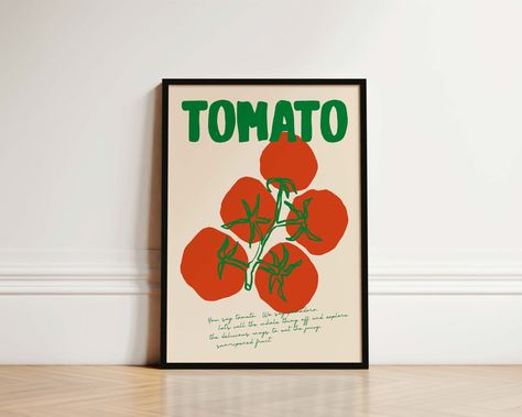 Mid Century Tomato Print, Kitchen Food Print, Kitchen Decor, New Home Gift, Best Friend Gift, Kitchen Wall Art, Tomato Art, Kitchen Prints by AlluvionPrints on Etsy Canvas Painting Ideas Kitchen, Kitchen Artwork Ideas Wall Hangings, Kitchen Picture Ideas, Kitchen Paintings Art Wall Decor, Kitchen Painting Art, Kitchen Wall Art Ideas, Tomato Print, Art For The Kitchen, Tomato Art