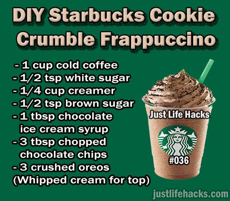 diy Starbucks cookie crumble frappuccino Starbucks Cookie Crumble, Cookie Crumble Frappuccino, Starbucks Cookie, Starbucks Frappuccino Recipe, Ice Cream Syrup, Resep Starbuck, Starbucks Cookies, Mocha Cookie Crumble, Starbucks Secret Menu Recipes