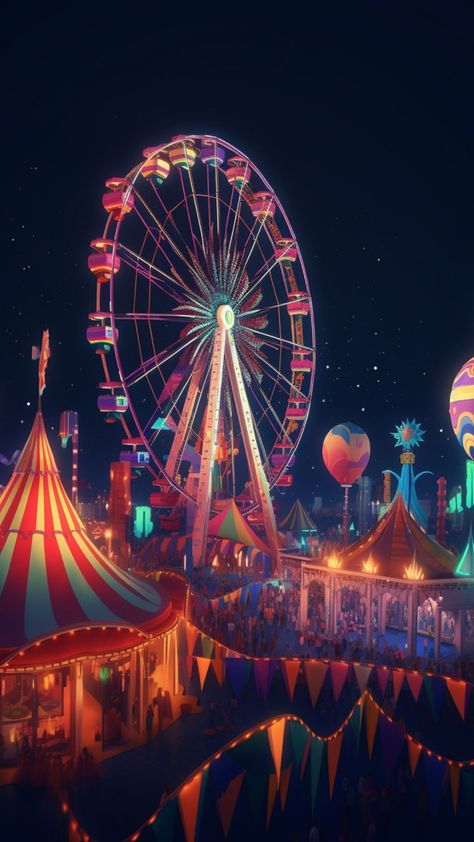 Circus Theme Painting, Carnival Theme Background, Circus Wallpaper Backgrounds, Carnival Wallpaper Aesthetic, Theme Park At Night, Carnival Concept Art, Theme Park Background, Carnival Aesthetic Night, Summer Carnival Aesthetic