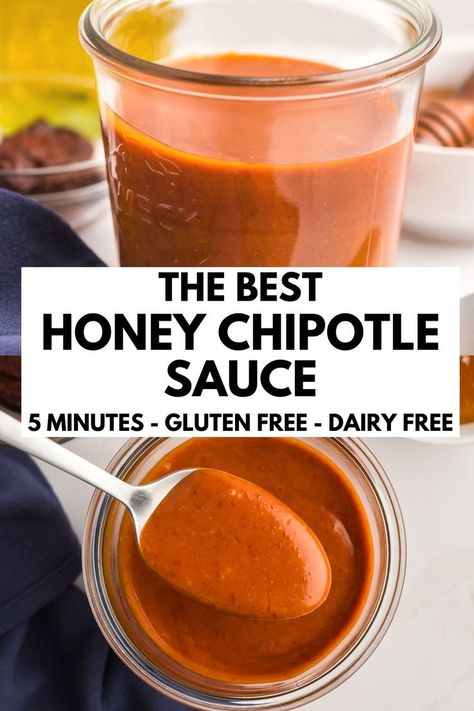 Honey chipotle sauce is sweet, smoky, spicy and so easy to make. Ready in just 5 minutes, this spicy honey sauce is made with pantry staples (no ketchup in this sauce). This recipe is naturally gluten free, dairy free and paleo friendly. Use this on chicken, shrimp, salmon, fries or veggies. Chipotle Sauce Recipe, Honey Chipotle Sauce, Sweet Potato Tater Tots, Honey Chipotle Chicken, Honey Chipotle, Honey Sauce, Taco Sauce, Spicy Honey, Chipotle Sauce