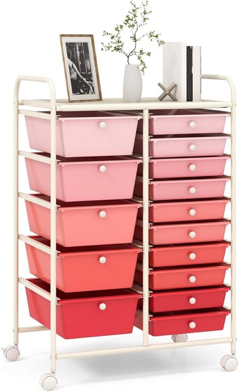 Amazon.com: RELAX4LIFE 15-Drawer Storage Drawer Carts - Mobile Rolling Utility Cart w/Wheels, Craft Organizer for Classroom Organization and Storage, School, Office, Home, Storage Organizer Cart (Gradient Pink) : Office Products Scrapbook Paper Organization, Cart Organizer, Drawer Cart, Organization Cart, Rolling Utility Cart, Craft Cart, Art Supplies Storage, Rolling Storage Cart, Arts And Crafts Furniture