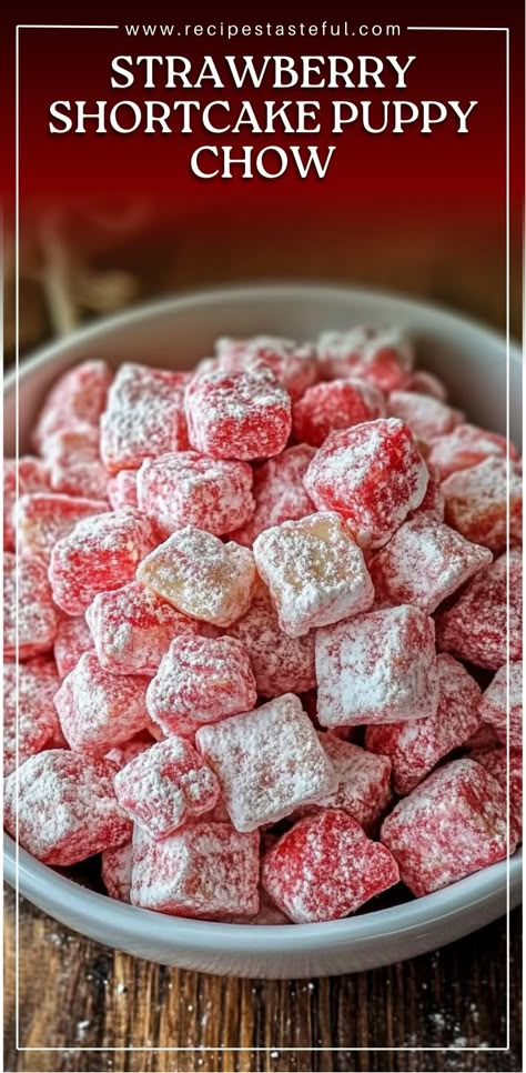 A sweet, strawberry-flavored twist on the classic puppy chow, made with Rice Chex cereal, white chocolate, and strawberry jello. Perfect for a snack or treat! Chex Puppy Chow Recipe, Chex Cereal Recipes, Chocolate Chex Mix Recipes, Chex Mix Snacks, Puppy Chow Chex Mix, Puppy Chow Chex, White Chocolate Chex Mix, Puppy Chow Chex Mix Recipe, Chex Recipes