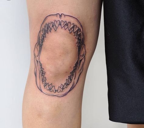 Jaws Around Knee Tattoo, Shark Jaws Tattoo Elbow, Jaw Knee Tattoo, Shark Jaws Tattoo Knee, Shark Jaw Tattoo Knee, Shark Skull, Shark Jaw Tattoo, Shark Jaws Tattoo, Jaw Tattoo