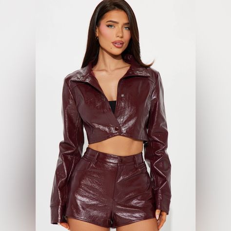 Questions? Leave A Comment Below! Brand New. Cropped Faux Leather Jacket, Burgundy Fashion, Leather Short, Faux Leather Jacket, Lingerie Romper, Leather Shorts, Short Set, Jacket Buttons, Faux Leather Jackets