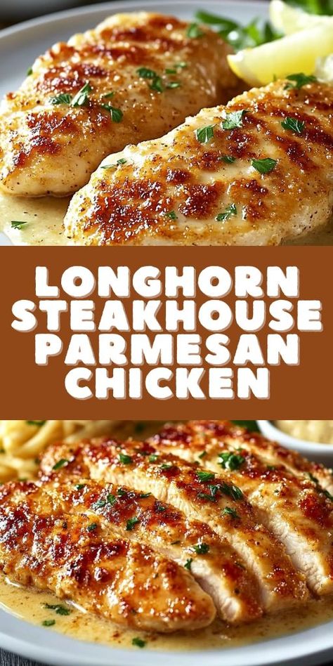 🍗 Craving restaurant-quality chicken at home? Try this Copycat Longhorn Steakhouse Parmesan Crusted Chicken Recipe! This delicious dish combines juicy, perfectly seasoned chicken with a crispy parmesan crust and creamy, cheesy topping. 🧀 Ideal for family dinners, special occasions, or just treating yourself to something savory, this recipe is easy to follow and guaranteed to impress. Bring the flavors of Longhorn Steakhouse right to your kitchen! #ParmesanCrustedChicken #CopycatRecipe 🍽️ Longhorn Bread Recipe, Juicy Chicken Breast Recipes, Copycat Longhorn, Chicken Breast Marinade Recipes, Chicken Breast Dinner Ideas, Chicken Breast Marinade, Chicken Breast Dinner, Parmesan Crusted Chicken Recipe, Crusted Chicken Breast