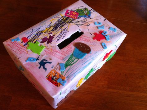 Make a large, easy-to-decorate tzedakah box from a shoe box!  The possibilities for decorating this are endless: use markers and stickers for a simple craft, coat it with pom poms for a fun sensory experience, or cover it with popsicle sticks for a rustic look.  I'm sure that you can think of even more fun, creative, tactile, and accessible ways of decorating this box! Diy Piggy Bank, Piggy Bank Diy, Kindness Activities, Simple Craft, Loose Change, Sensory Experience, Program Ideas, Valentines For Boys, Two And A Half