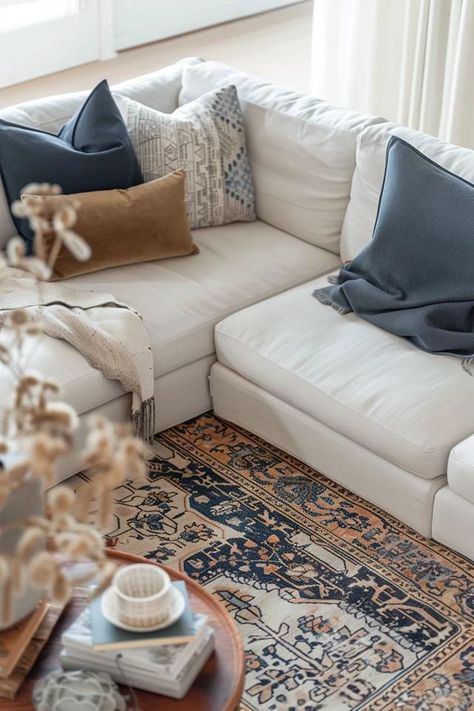 How To Place A Sectional On A Rug: Coordinated Living Space Rugs For Sectional Couch Size, Sectional Sofa Rug Placement, Couch Rug Placement, Styling Sectional Sofa, Rug Under Couch Placement, Sectional In Front Of Window, Rug Placement With Sectional, Chase Couch, L Shaped Living Room