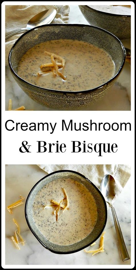 It's a spring indulgence: Creamy Mushroom Brie Bisque. The flavors are incredible and it's easy and quick! Bonus for a truly gourmet soup as a starter or with a sandwich. #MushroomSoup #MushroomBrieSoup #MushroomBrieBisque via @frugalhausfrau Mushroom Brie Soup Recipe, Mushroom Brie, Brie Soup, Pineapple Meatballs, Soup Sunday, Boozy Recipes, Mushroom Bisque, Soup Dishes, Gourmet Soup