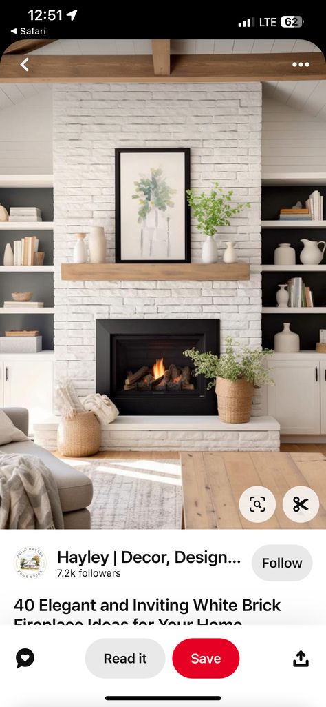 Brick Fireplace Decor, Black Brick Fireplace, White Brick Fireplace, Stacked Stone Fireplaces, Brick Fireplace Makeover, Paint Fireplace, Fireplace Built Ins, Bright Living Room, White Brick