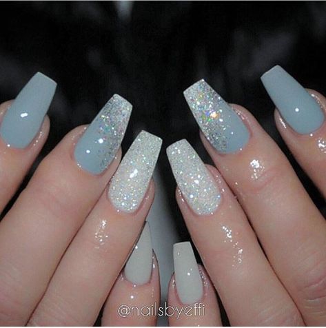 Sparkles & Matte Nails Grey Nails, Blue Acrylic Nails, Nagel Inspo, Orange Nails, Acrylic Nails Coffin, Prom Nails, Coffin Nails Designs, Fancy Nails, Nail Arts