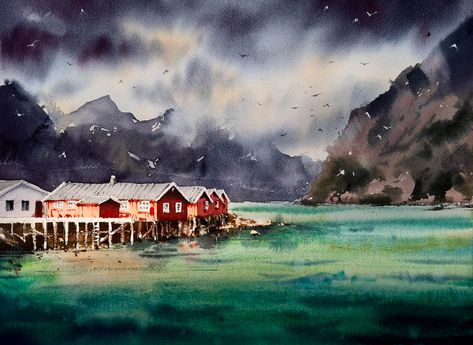 Norway Watercolor, Nadja Leutloff, White Gouache, Watercolor Lessons, Watercolor Pictures, Summer Painting, Watercolour Inspiration, Landscape Art Painting, Watercolor Sketchbook