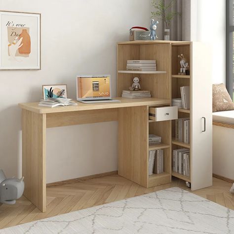 Study Table Ideas For 2 People, Study Table Corner Design, Study Desk With Storage, Bedroom Desk With Storage, Modern House Furniture Design, Bookshelf In Small Bedroom, Cute Desks For Bedrooms, Desks With Shelves, Bedroom Workspace Ideas