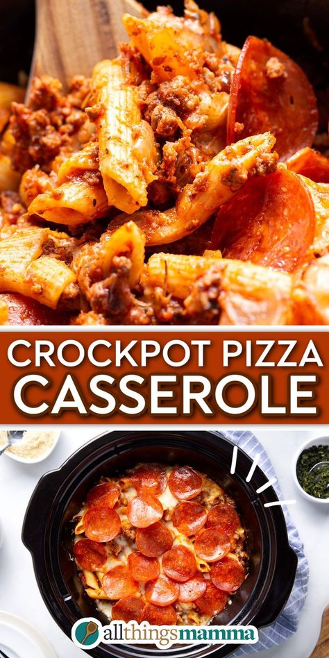 Crockpot Pizza Casserole social collage graphic Crockpot Pizza Casserole, Crockpot Pizza, Ground Beef Crockpot Recipes, Beef Pepperoni, Crockpot Dump Recipes, Crock Pot Pizza, Crockpot Pasta, Crockpot Casserole, Easy Crockpot Dinners