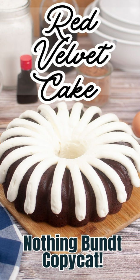 Copycat red velvet bundt cake on a wooden board. Copycat Red Velvet Nothing Bundt Cake, Nothing Bundt Cake Red Velvet Copycat, Red Velvet Nothing Bundt Cake Recipe, Red Velvet Bundt Cake Box Easy Recipes, Nothing But Bundt Cake Recipes Copycat, Bundt Red Velvet Cake, Nothing Bundt Cakes Recipe, Red Velvet Cake Recipe From Scratch, Red Velvet Cake Recipe Easy