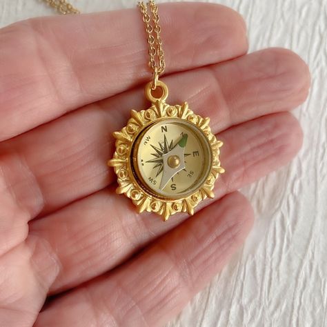 Gold Compass Necklace, Magnetic Compass, Compass Jewelry, Compass Pendant, The Compass, Compass Necklace, Jewelry Lookbook, Bright Gold, Travel Jewelry