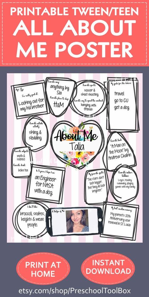 #etsy shop: ALL ABOUT ME poster: pink stripes Middle School, High School, tween, Teen, Adult Themed https://etsy.me/3sUVtlO #allaboutmeposter #studentofthemonth #aboutmeteen #tweenallaboutme #teenageallaboutmeposter #allaboutmytween #allaboutmyteen #teenposter #tween About Me Poster Ideas College, All About Me Poster For Adults, Student Information Sheet High School, Student Information Sheet Middle School, Bye Middle School Hello High School, All About Me Middle School Printable, Teen Posters, About Me Poster, All About Me Poster