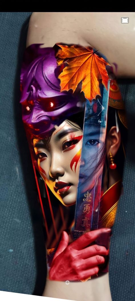 Colored Samurai Tattoo Design, Geisha Tattoo Design Colored, Female Portrait Tattoo Design, Colour Realism Tattoo Design, Samurai Tattoo Color, Japanese Tattoo Art Geisha, Color Realism Tattoo, Female Samurai Tattoo, Female Samurai Art