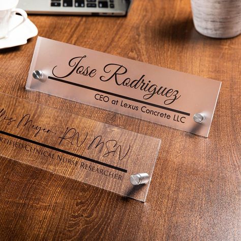 PRICES MAY VARY. 【Professionalism】Personalized Name Plates enhance the professional look of any desk, making it easy to identify staff and their roles. 【Desk Personalization】Desk name plates are a personalized touch that can be customized to fit individual style while keeping the workspace organized. 【Modern Design】Clear acrylic decorations provide a minimalist and elegant look, suitable for contemporary office environments without being visually intrusive. 【Multifunctional applications】Individu Name Plates Design, Name Plates For Office, Name Plate For Office, Desk Clear, Office Desk Name Plates, Unique Corporate Gifts, Acrylic Desk, Name Plate Design, Modern Office Interiors