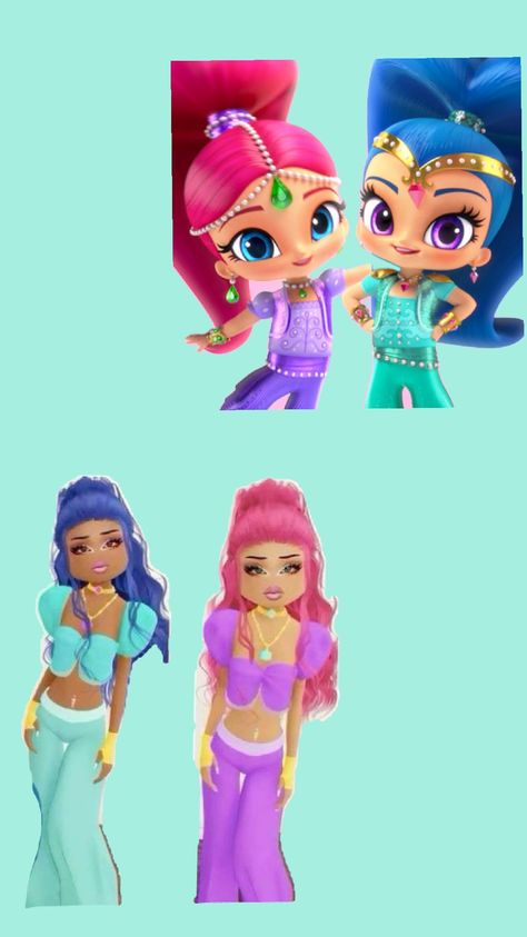 shimmer and shine |irl vs dti| Serena Dti Outfit Lana Lore, Good Cartoon Duos, Shimmer And Shine Dress To Impress, Duo Dress Up, Dti Duo Outfits Ideas, Colourful Dress To Impress, Dti Duo Idea, Duo Dti Ideas, Dti Duos Theme