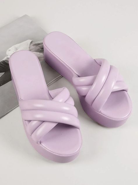 Padded Vegan Leather Slip-On Platform Sandals | SHEIN USA Lilac Sandals, Purple Preppy, Lilac Shoes, Summer Slide, Lilac Purple, Platform Wedge Sandals, Shein Style, Platform Wedges, Leather Slip Ons