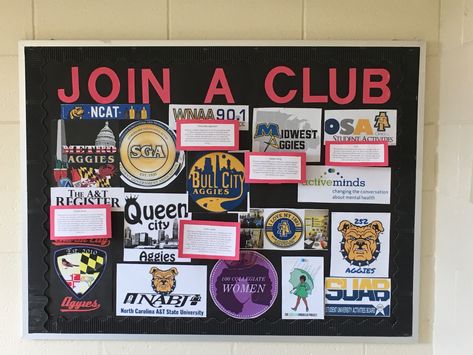 RA Bulletin Board about joining clubs. I put a collage of different clubs and organizations in school and put pop-up reasons on why to join one. School Club Bulletin Board Ideas, Clubs Bulletin Board, Club Board Ideas, Club Bulletin Board Ideas, White Board Ideas Organizations, School Club Poster, Club Bulletin Board, Club Poster Design, White Board Ideas