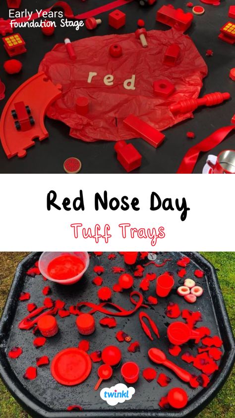 Enjoy red nose day with these great red tuff tray ideas. Red nose day eyfs. Thanks to @dragonsensory @mrs_lovelys_eyfs Red Eyfs Activities, Red Nose Day Tuff Tray Ideas, Red Nose Day Activities Preschool, Red Nose Day Activities For Toddlers, Red Nose Day Activities Eyfs, Red Crafts For Toddlers, Red Nose Day Activities, Tuff Tray Ideas, Eyfs Ideas