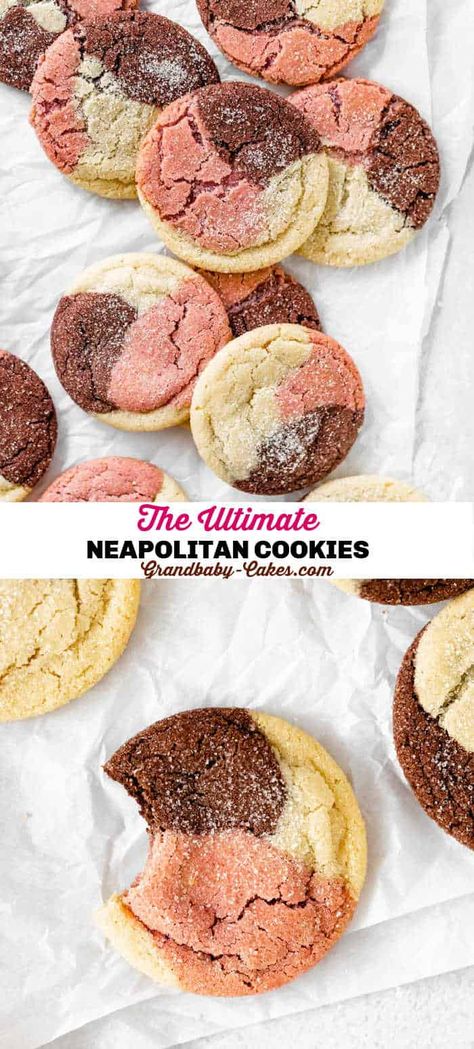 Neapolitan Cookies Neapolitan Cookies, Buttery Sugar Cookies, Grandbaby Cakes, Cheesecake Oreo, Homemade Snickers, Cheesecake Mini, Strawberry Chocolate, Easy No Bake Desserts, Cookie Flavors