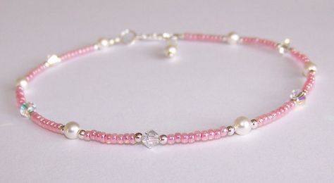 Handmade beaded anklet by Sapphire Rain Designs created with Swarovski "cream" pears, Swarovski "clear ab" crystals, "light pink" glass seed beads, sterling silver beads, findings and clasp.  9 1/2 " in length.  Comes in gift box. Beaded Accessories Ideas, Pink Beaded Jewelry, Bracelets With Beads, Diy Jewelry Rings, Beaded Anklet, Belly Jewelry, Beaded Necklace Diy, Diy Bracelets Patterns, Gelang Manik