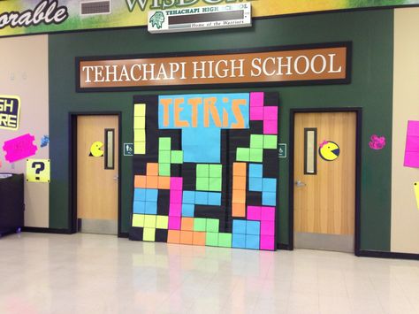 Video Game themed dance decorations: Tetris 80s Hallway Decorations, 80s Classroom, Video Game Decorations, Tetris Wall, Deco Gamer, 80s Dance, School Dance Ideas, Nintendo Party, Homecoming Decorations