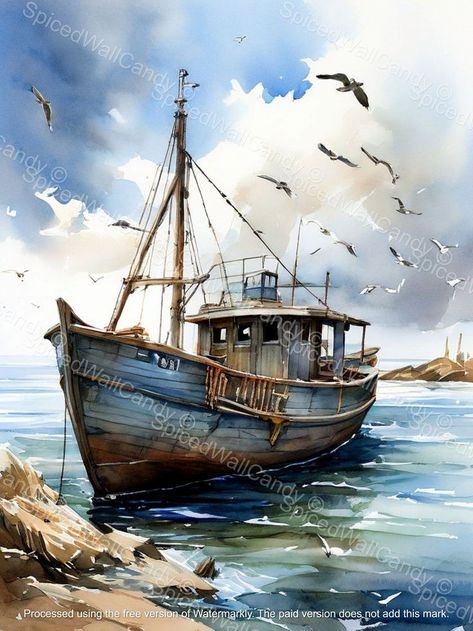 Fishing Boat Art, Sailing Ship Drawing, Fishing Boat Painting, Mural Digital, Watercolor Boat, Classic Sailboat, Boat Illustration, Rocky Coast, Sailing Art