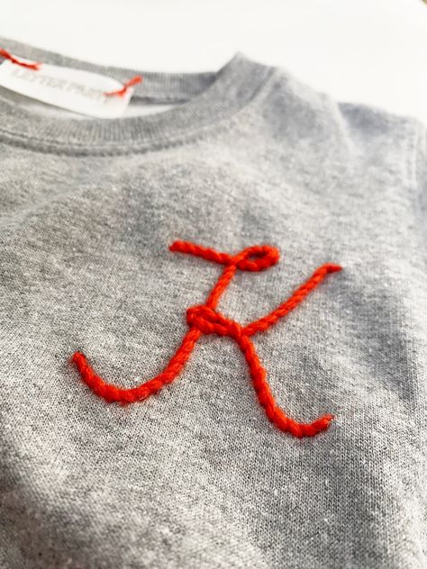 Custom Initial Sweatshirt KIDS Embroidered Initial - Etsy Canada Diy Custom Clothes Ideas, Sewing Letters On Shirt, Sweatshirt Decorating Ideas, Beaded Embroidery Letters, Hand Embroidered Hat, Embellished Sweatshirt Diy, Initial Embroidery Letters, Embroidery Inspiration Jeans, Boy Embroidery Ideas