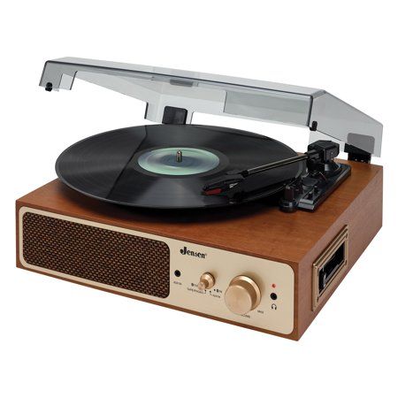 Listen to new and classic vinyl or cassettes with the Jensen 3-Speed Stereo Turntable with Cassette Player; Stereo Speakers; and Dual Bluetooth Transmitter/Receiver! This turntable offers several features you won't find anywhere else for this value. The unit features Bluetooth transmit and receive; so you have the ability to wirelessly stream your records and tapes to the Bluetooth-enabled speakers and music systems, or stream music from your phone or Bluetooth-enabled digital to the turntable's Stereo Turntable, Vinyl Player, Bluetooth Transmitter, Vinyl Record Player, Audio Room, Stereo System, Cassette Player, Audio Player, Record Players