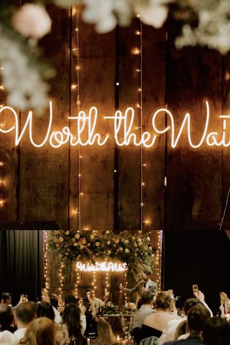 #WeddingNeonSigns #WeddingDecor #CustomNeonSigns #UniqueLighting Worth The Wait Wedding Sign, Light Up Signs Wedding, Wedding Neon Sign Ideas, Worth The Wait Wedding, Marlow Buckinghamshire, Neon Sign For Wedding, Led Lights Wedding, Engagement Decoration, Neon Text