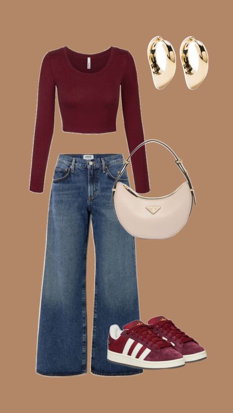 Casual outfit inspiration in burgundy 🍷❤️ Burgundy Outfit Ideas, Adidas Campus 00s Outfit, Campus 00s Outfit, Burgundy Adidas, Adidas Campus 00s, Burgundy Outfit, Casual Outfit Inspiration, Adidas Campus, Adidas Outfit