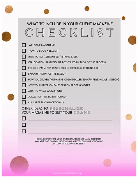 magazine checklist, printable, hay.LO Photography, free printable Photoshoot Checklist, Photography Business Forms, Photographer Marketing, Business Printables, Checklist Printable, Things Photography, Welcome Packet, Photography Themes, Destination Photography