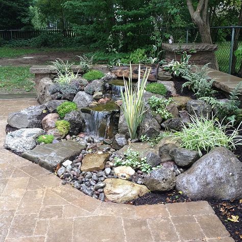 Landscape Garden Design, Waterfalls Water Feature, Patio, Sitting Wall with Pillars, Lighting, Landscaping, Brighton NY Sitting Wall, Pondless Water Features, Landscape Garden Design, Garden Waterfall, Backyard Water Feature, Waterfalls Backyard, Small Backyard Gardens, Walled Garden, Rock Garden Landscaping