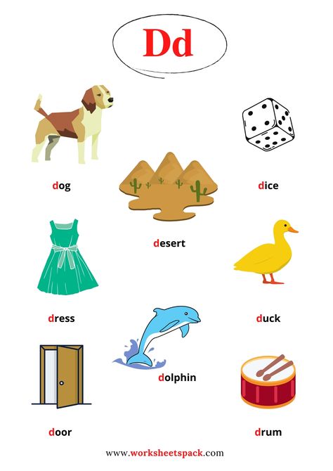 FREE PRINTABLE WORKSHEETS PACK. Letter D Pictures For Preschool, D Words Preschool, Letter D Words And Pictures, D Words For Kids, Letter D Words, Bird Free Printable, Vegetables Pictures, D Alphabet, Preschool Pictures