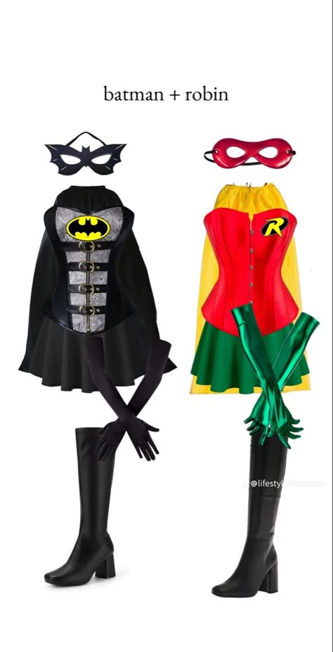 Womens Robin Costume, Classic Duos Characters, Cute Villain Costumes, Duo Halloween Costumes Spiderman, Batman Robin Joker Costume, Duo Costume Ideas Blonde And Brunette, Creepy Duo Halloween Costumes, Group Of 5 Halloween Costumes College, Batman And Spiderman Costume