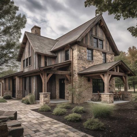 White Rustic House Exterior, Rustic French Country House Exterior, Lodge Home Exterior, Stone And Wood House Exterior, Stone Farmhouse Exterior, Rustic Cabin Exterior, Stone House Exterior, Modern Farmhouse Exterior Colors, Rustic House Exterior